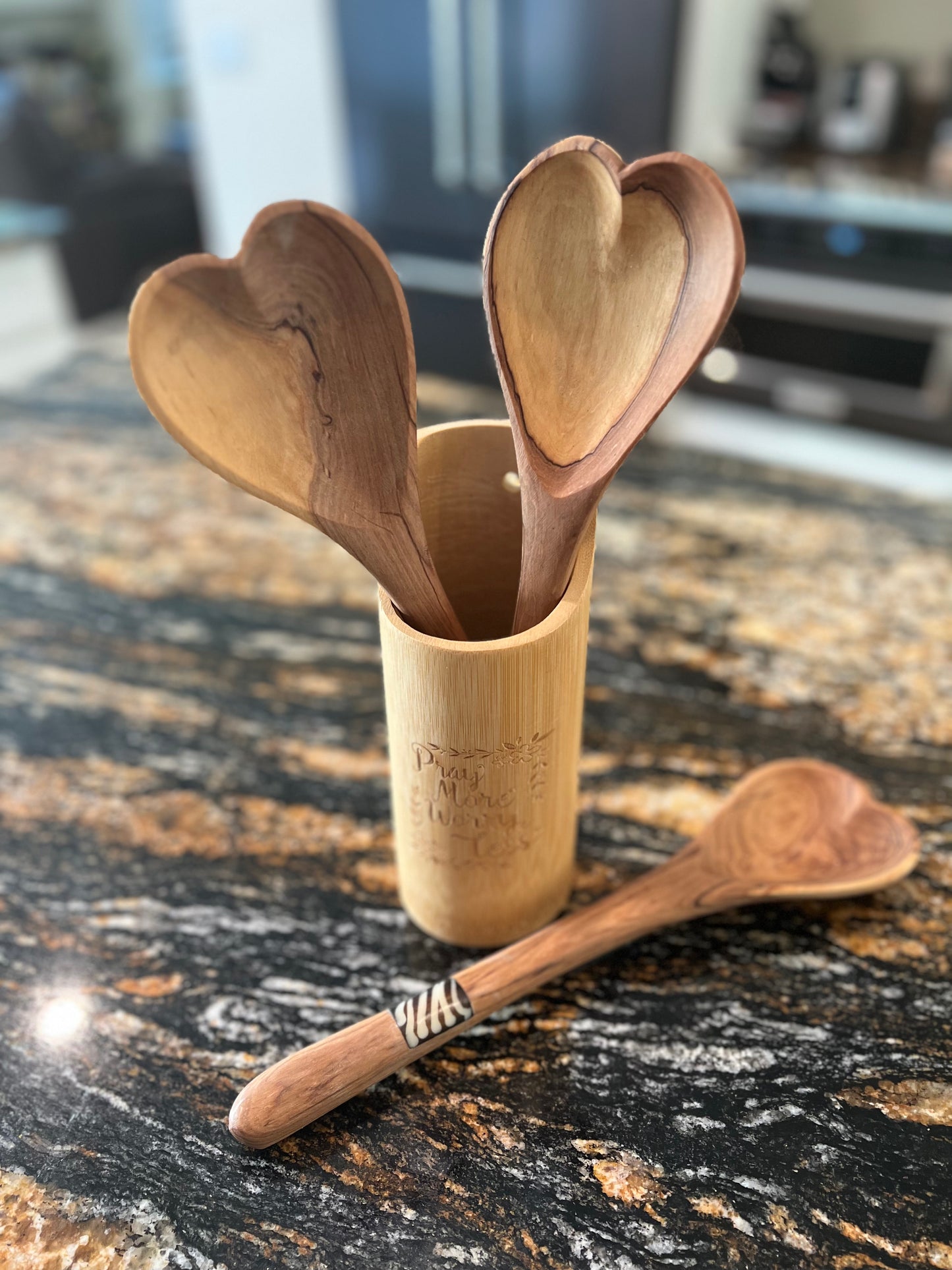 Handcrafted Olive Wood and Bone Heart Serving Wooden Spoon from Kenya