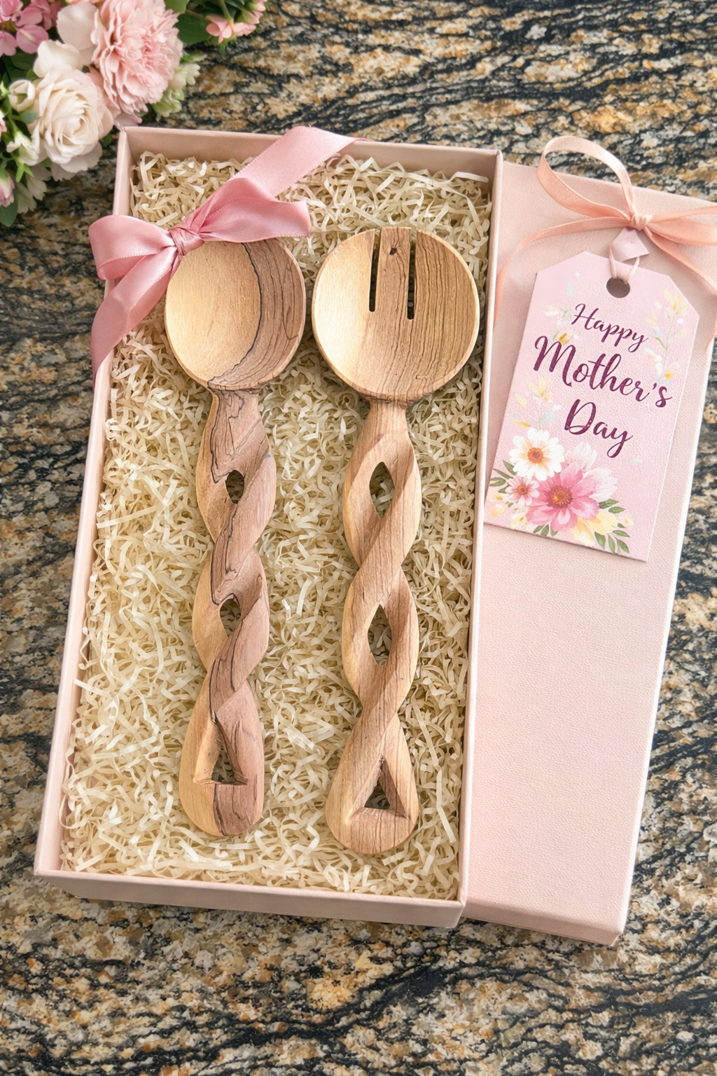Handmade Olive Wood Salad Server Set - Twisted